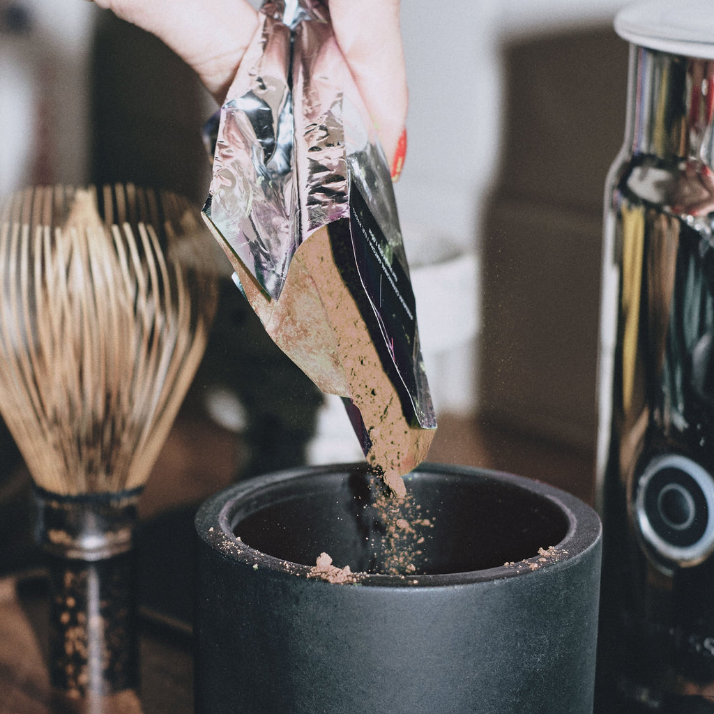 MAKE Hojicha in a refillable stone tea caddy with whisk